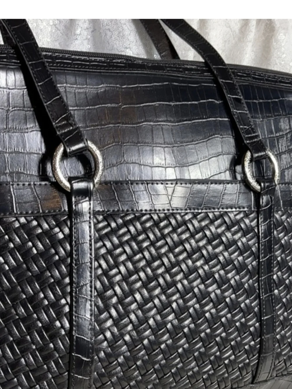 NWT Coldwater Creek Black Woven Laptop Computer Faux Croc Tote Bag